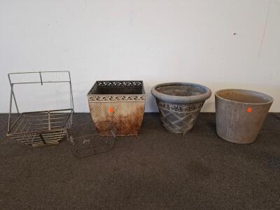 Assorted Metal and Composite Planters and Wire Baskets, 12-14" Diameter &ndash; Ornate & Utility Styles