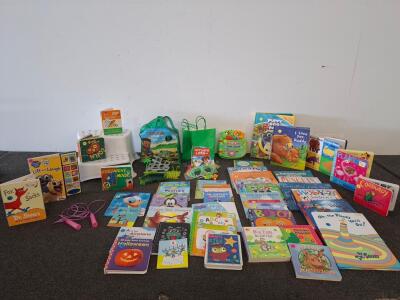 Lot of 33 Board Books and Picture Books: Dr. Seuss, Goodnight Moon, Disney, Peppa Pig & More, child's step stool. And more