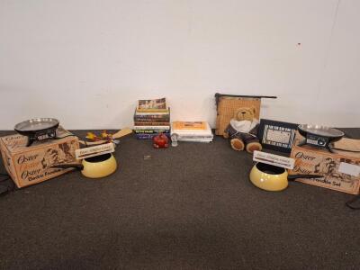 Vintage Oster Electric Fondue Set x2, Yellow Pots, Original Boxes, Forks Included, 1970s-80s, both powered on. Books, vintage paper cutter and more