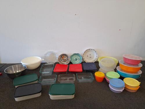 Large Lot Kitchen Food Storage Containers, Mixing Bowls & Plates &ndash; Plastic, Glass & Ceramic, 27 Pieces Tupperware and Pyrex brands