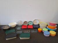 Large Lot Kitchen Food Storage Containers, Mixing Bowls & Plates &ndash; Plastic, Glass & Ceramic, 27 Pieces Tupperware and Pyrex brands
