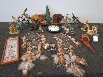 Pair of Large Multi-Ring Dreamcatchers, 33" Length, 9" Wide, Natural Feathers, Cream & Tan, woods style home decor. Wild duck figurines, clock and more