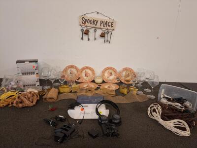 TV Ears 5.0 Wireless Headset, 8+ Extension Cords, Wine Glasses, Decorative Plates, Bundle Lot