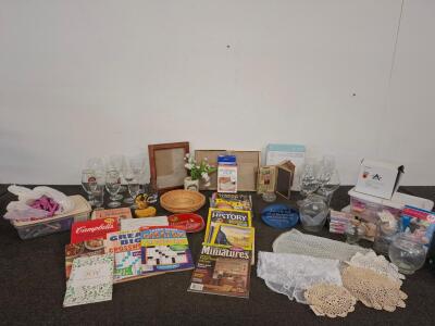 Large Mixed Lot: Books, Cookbooks, Glassware, Decor, , Frames, and More (40+ Pieces)