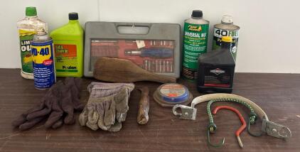 Mixed Garage/Workshop Lot: WD-40, Briggs & Stratton Oil, Stihl Line, Tool Set, Gloves & More (A)