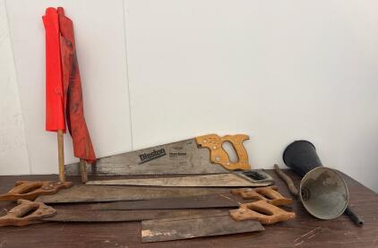 Vintage Disston H-1 Handsaw 26" Lot, Four Hand Saws, Oil Funnels, Safety Flags (A)