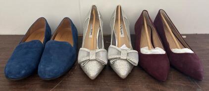 Vionic Blue Loafers, Nina Silver Bow Heels, Vionic Burgundy Block Heels, Suede, Size 7, Lot of 3