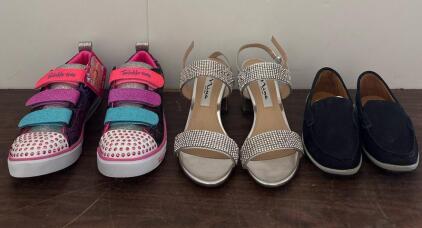 Skechers Twinkle Toes Girls&rsquo; Light-Up Sneakers Size 3, Mix No. 6 Silver Heeled Sandals Size 5.5, Boys Black Loafers Size 10.5
