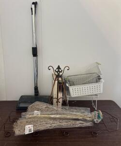 Miscellaneous Household Lot: Manual Carpet Sweeper, Books, Metal Baskets, Easel, Dried Florals