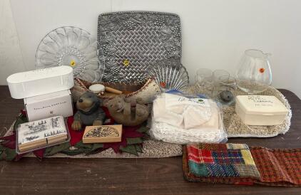 Vintage Glassware, Metal Tray, Bear Figurines, Birch Canoe & Holiday Decor Mixed Lot, 16+ Pieces