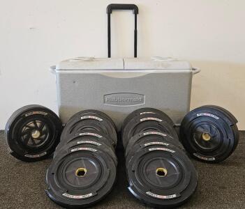 Rubber-Coated Weight Plates Set for Bowflex (170 lbs) with Rubbermaid 75 Qt Wheeled Cooler