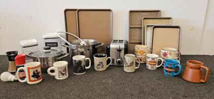 Kitchen Lot Including Nordic Ware Baking Pans, Coffee Cups, Stainless Steel Pots, Cuisinart Toaster (tested, works), and More