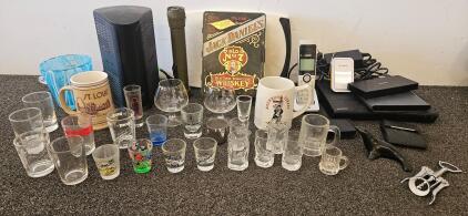 Mixed Barware Lot: Shot Glasses, Tumblers, Venini Ice Bucket, Mugs, Jack Daniel's, Jose Cuervo. Direct TV with remote (tested, works), DVD Player, and more