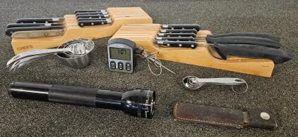 Lot of Assorted Kitchen Tools: W&uuml;sthof, Henckels, Maglite, Taylor, Honesteel