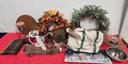 Assorted Lot: Seasonal Wreaths, Canvas Tote, GoStick Tripod, Plate, Kitchen & Decor Bundle