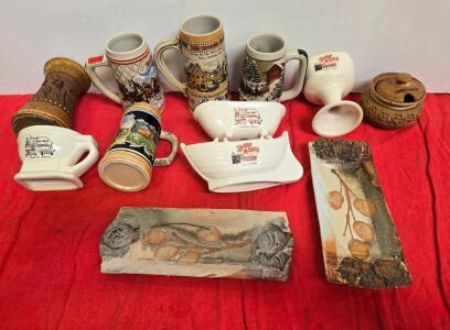 Mixed Lot: Budweiser & Stroh&rsquo;s Beer Steins, Bobby McGee&rsquo;s Mugs, Studio Pottery Trays & Jar, 12 pcs