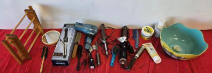 Mixed Hair Styling Lot: Conair Hair Dryer, Curling Irons, JoYum Hot Air Brush, Brushes, Rack