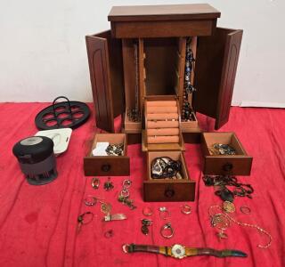 Mele & Co. Wooden Jewelry Box Lot &ndash; 35+ Mixed Costume Jewelry Pieces & Watch, Mirror, Drawers