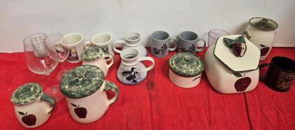 Mixed Lot of 15 Kitchenware Items: Mugs, Glassware, and Ceramic Canisters with Apple Motif