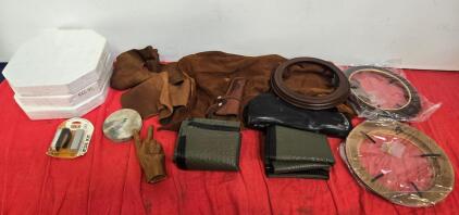 Craft Lot: 3 Oval Picture Frames (12x16"), Brown Leather Scraps, Cadillac Suede Cleaner, Display Items
