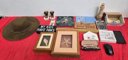 Mixed Lot: Decor Signs, Framed Beach Art, Casio Calculator, Logitech Mouse, Hat, Collectibles