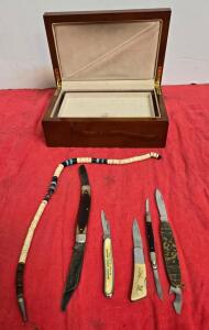 Lot of 5 Vintage Pocket Knives, Beaded Necklace, and Display Box
