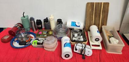 Large Assorted Kitchen Lot: Travel Mugs, Storage, Black & Decker Driver, AquaCrest Filters, Utensils
