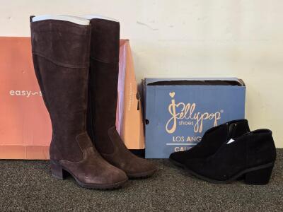 Jellypop Black Ankle Boots & Easy Spirit Brown Knee-High Suede Boots, Block Heel, With Boxes (Size 7)
