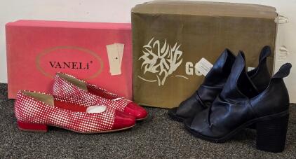 VANELi Red Patterned Flats Patent Toe & Gabor Black Leather Heeled Ankle Boots, Boxes Included (Size 7)