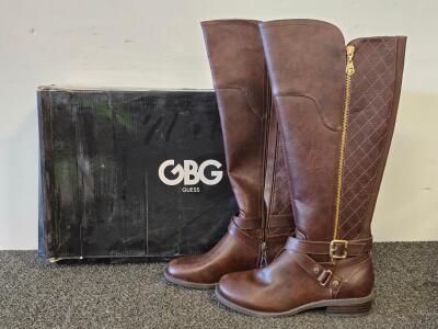 GBG Guess Brown Knee-High Boots, Faux Leather, Gold Zipper & Buckle, Quilted Detail, Size Not Marked