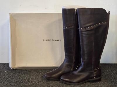 Marc Fisher Secrit Women's Dark Brown Leather Knee-High Boots With Stud Accents