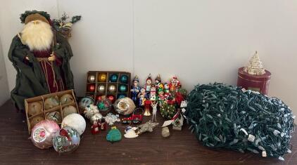 Large Vintage & Modern Christmas Decorations - String Lights, Ornaments, Santa Figure, 40+ Pieces