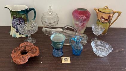 Vintage Glassware, Hand-Painted Porcelain Pitcher, British-Inspired Pottery Vase