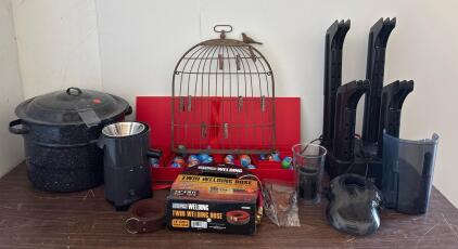 Assortment Of Household Items- Welding Hose, Miscellaneous Kitchenware, Birdcage Decor, And More