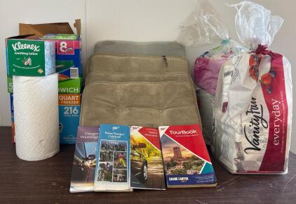 Dixie Plates, Vanity Fair Napkins, Ziploc Bags, Kleenex, Cushions, And AAA Travel Maps/Books