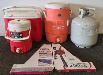 20 lb Steel Propane Tank, Standard OPD Valve, Triple-Handle Top, BBQ/Heater Compatible, 3 Coolers Different Sizes And Brands, And 2 Wind Shield Wipers