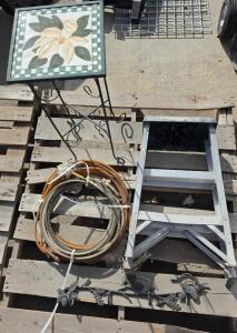 Folding Aluminum 2-Step Ladder, Outside Side Table, Two Plastic Ropes, And Hooked Rack