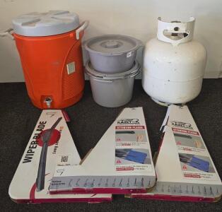 Igloo 5-Gallon Beverage Cooler, Manchester 20 lb Propane Tank, Storage Buckets, And RainOK Wiper Blades