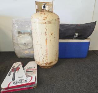Large 40 lb Steel Propane LPG Cylinder With POL Valve, Rusty Exterior, Large Floating Device, Windshield Wipers, Ice Chest, And Pool Lining