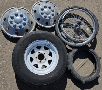 Falken ZIEX S/TZ04 P215/75R15 Tire On 15" 5-Lug Wheel, 2 Bicycle Wheels, 2 Hubcaps, Oddly Shaped Tire