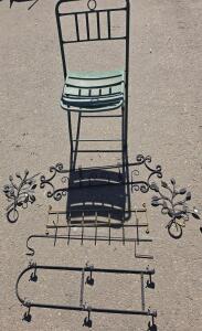 Metal Garden Chair & Decorative Wrought Iron Wall Racks Set &ndash; Scroll & Leaf Motif, Green/Black