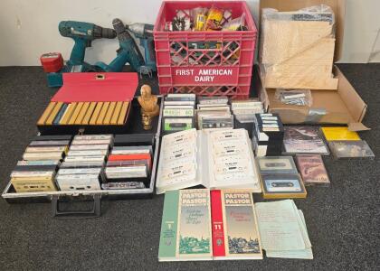 Makita Cordless Drills And Charger (Non Functioning), Vintage Cassette Tapes, Safety Gear & Shelving, With Assorted Tools