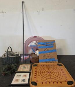 Carrom Game Board Wood, Decor Lot, Pinecone Wreath, Artwork, Welcome Sign, Long metal rod