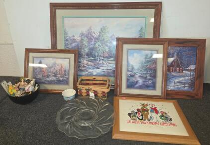 Mixed Lot of Framed Artworks, Glassware, and Decorative Items