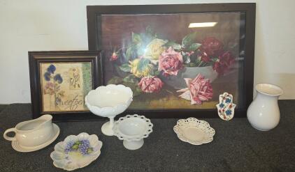 Vintage Floral Home D&eacute;cor Lot: Framed Prints, Milk Glass Dishes, Ceramic Vase