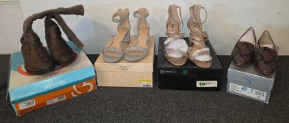 Baretraps ALXSHA Boots Mushroom 8.5M, Side Zip, Synthetic Suede, Jewel silver heels size 11, Vince Camuto Python size 7 loafers, INC tan heels Size 10