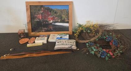 Home Decor Lot &ndash; Framed 1000pc Red Mill Puzzle, Floral Wreaths, Leather Belts, Plaques, More