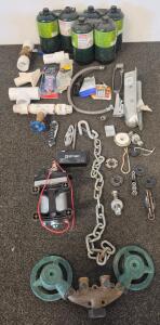 Large Hardware & Utility Lot &ndash; 6 Coleman Propane Tanks, Battery, Trailer Coupler, Pump & Tools