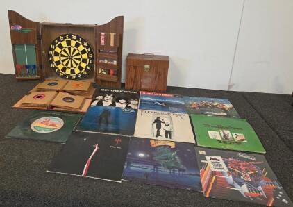Classic Vinyl LP & 45 Record Collection w/ Dartboard Game Cabinet, Fleetwood Mac, ZZ Top, Judas Priest,