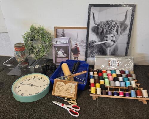 Sterling & Noble Wall Clock, Thread Rack with Spools, Fiskars Scissors, Framed Art Prints